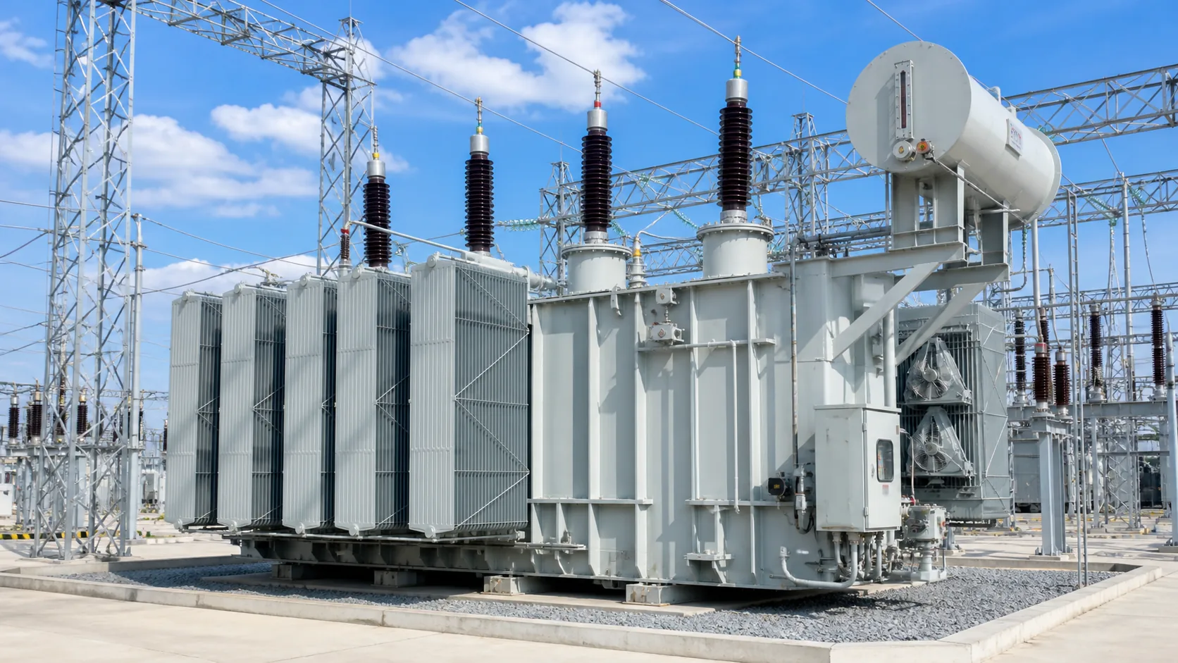 Oil-immersed transformer with radiators, bushings, oil tank, and cooling system for industrial and substation applications.