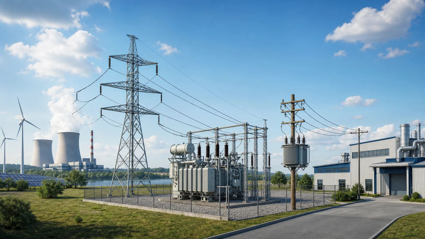 Power system flow from generation and transmission substation to distribution transformer and industrial load.