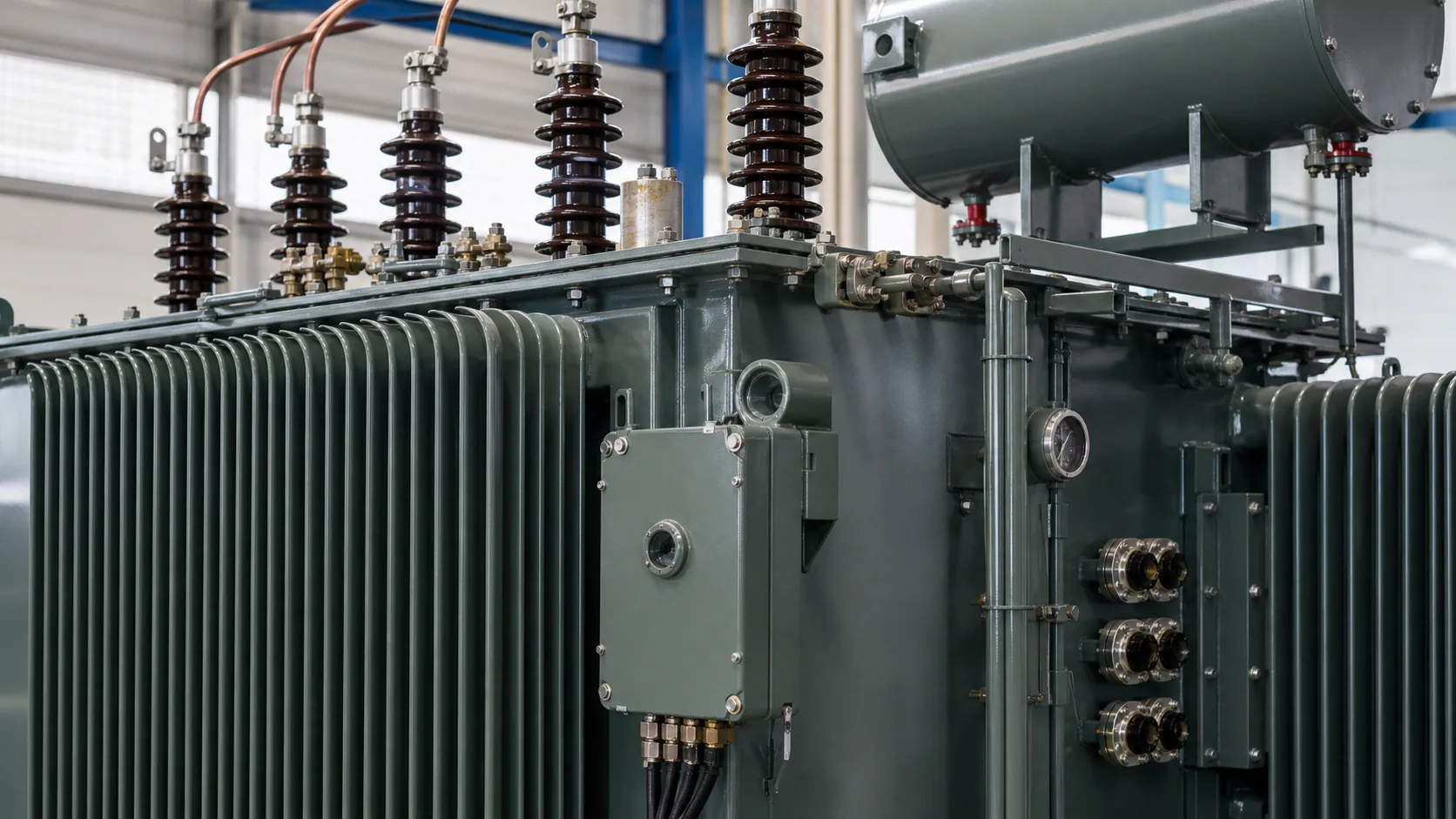 Close-up of transformer radiators, bushings, oil tank, and connection components for buyer inspection.