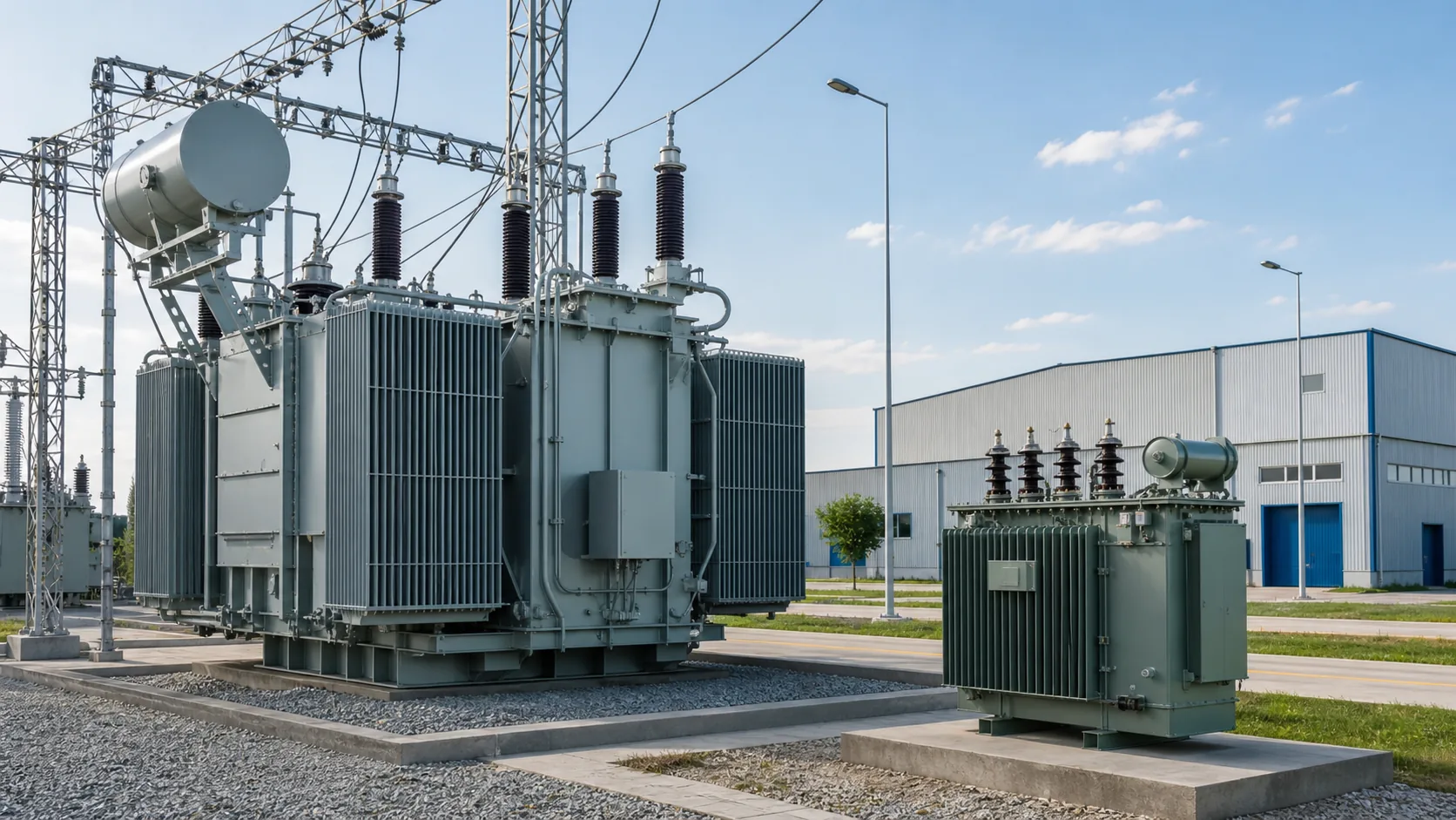 Power transformer and distribution transformer comparison in an electrical grid and industrial power system.