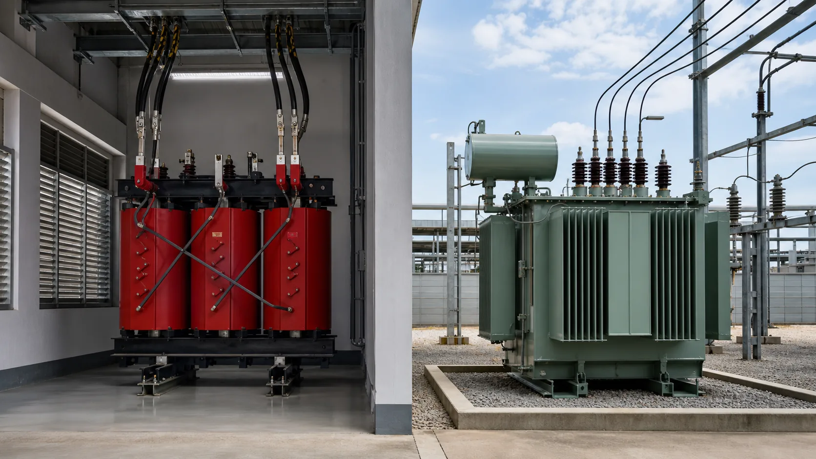 Dry-type transformer installed indoors compared with an oil-immersed transformer in an outdoor substation.