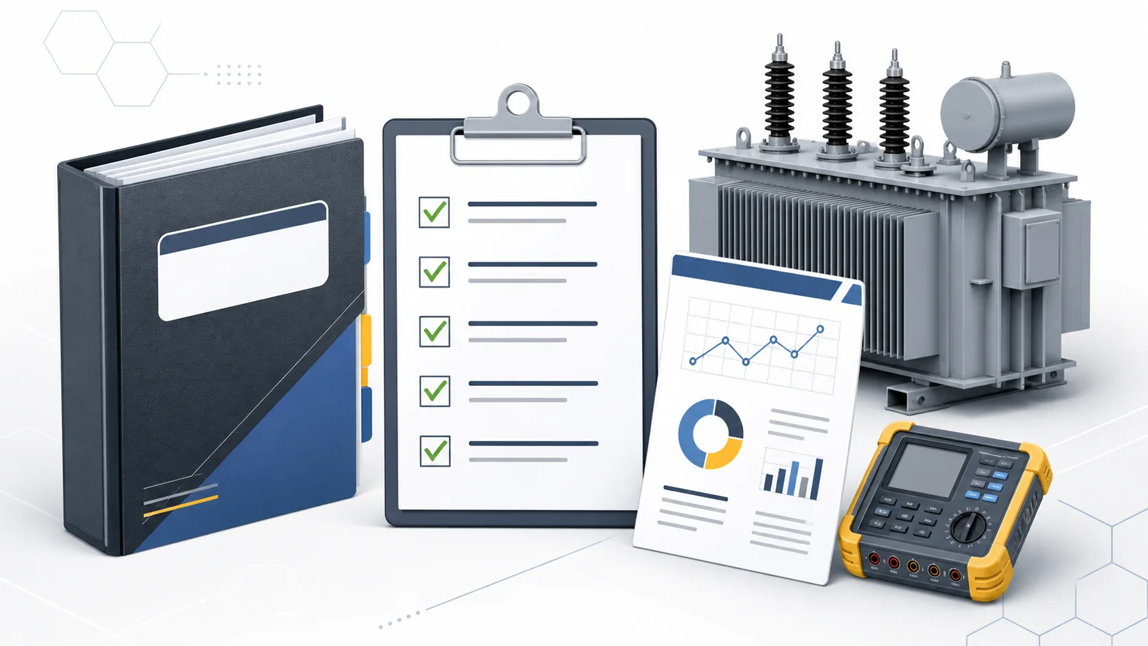 Technical visualization of transformer FAT reports, checklist, test certificate, and measuring instrument.