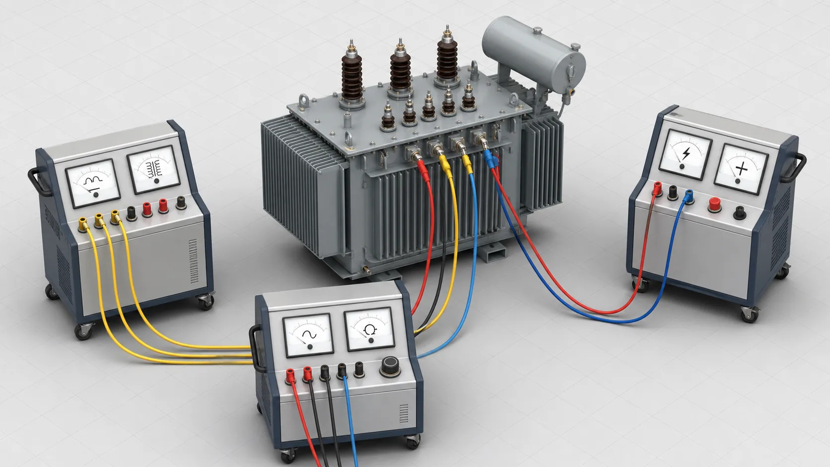 Technical visualization of transformer FAT test instruments connected to a distribution transformer.