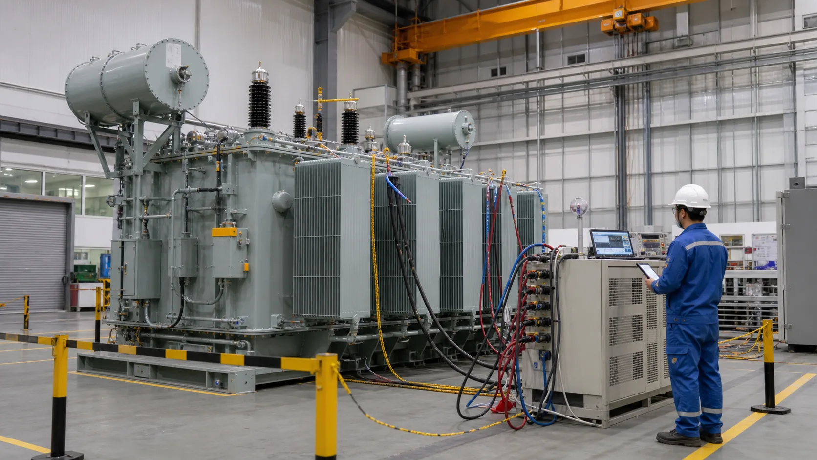 Technician conducting transformer FAT testing on an oil-immersed distribution transformer in a factory test bay.
